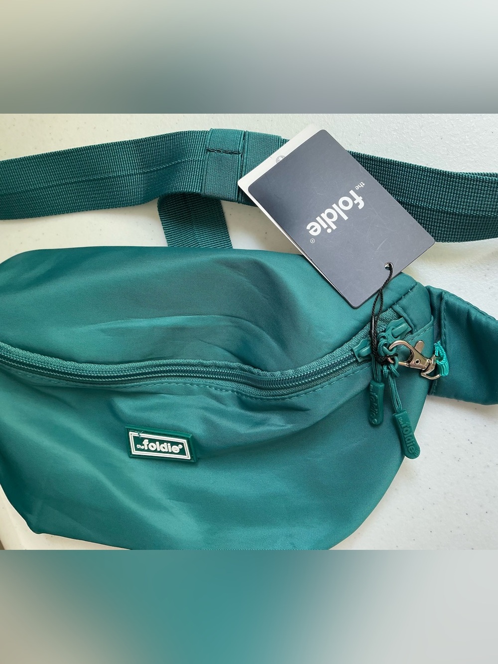 The Foldie Foldable Anti-Theft Nylon RFID Crossbody Waist Bag Teal Green NWT